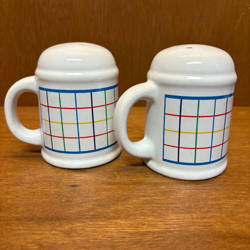 VTG 1985 Mt. Clemens "Mardi Gras" Salt & Pepper Shakers Pair -- Retro Grid Plaid
